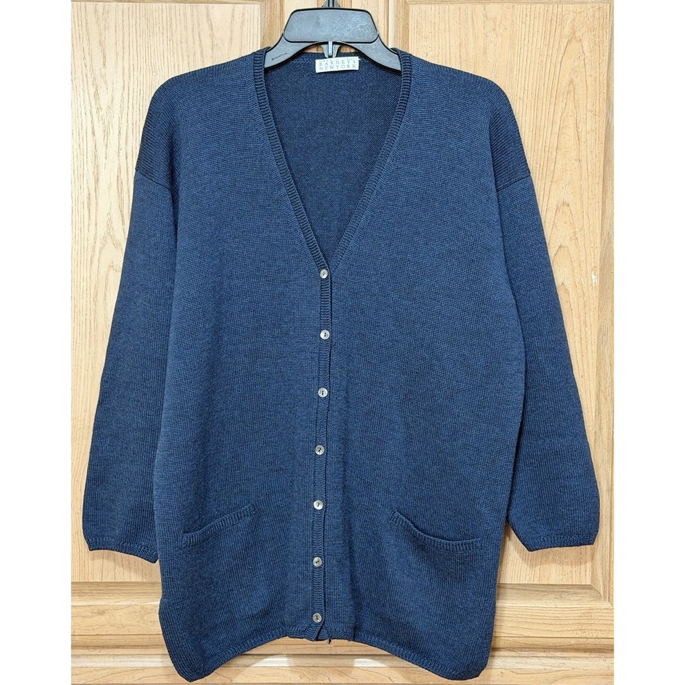 Barneys New York Pure New Wool Cardigan Size Large Blue Italy V Neck Button Down